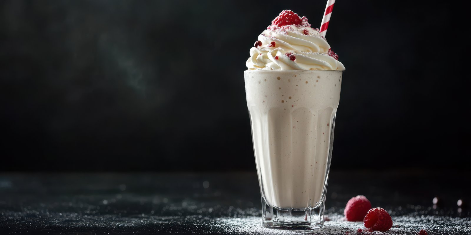 Delicious raspberry milkshake topped with whipped cream and fresh fruit served in a tall glass